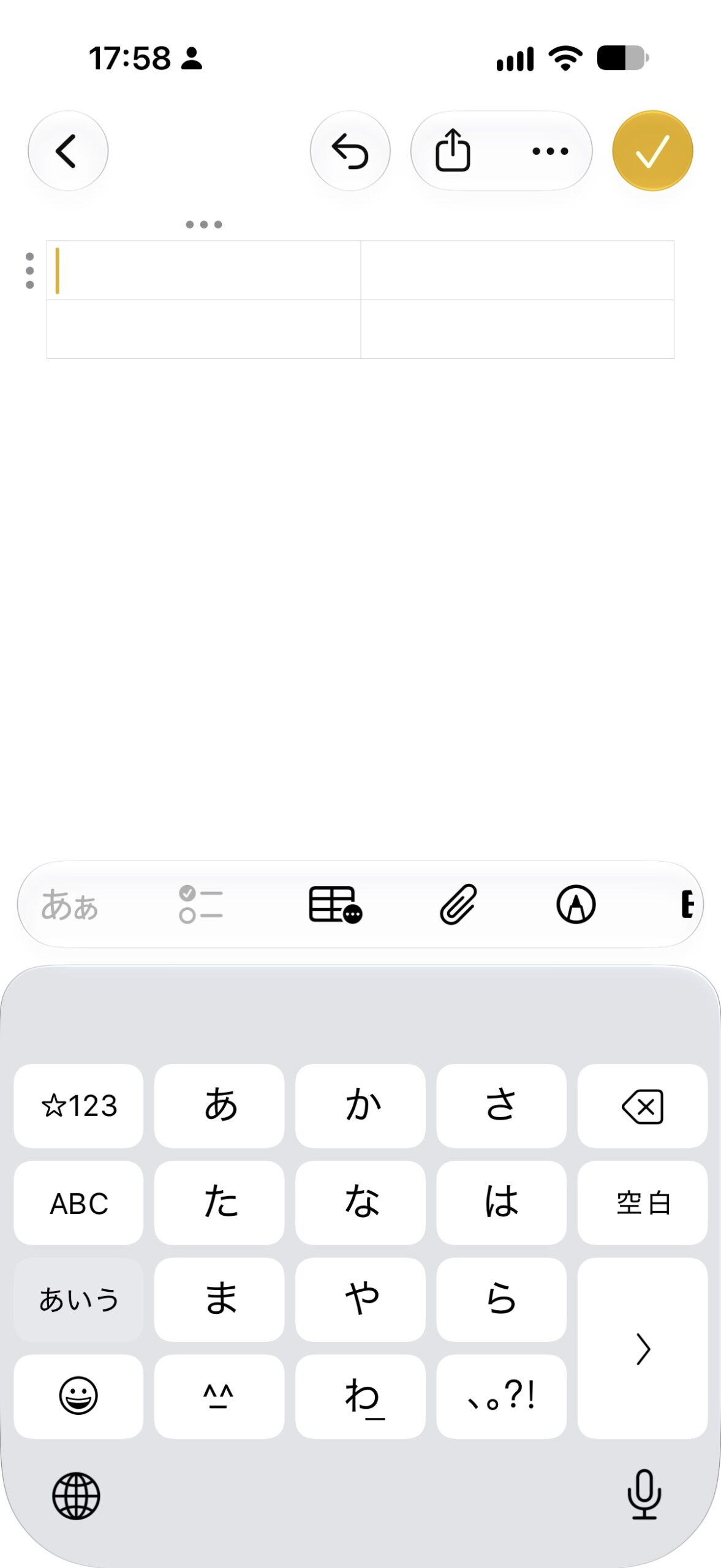 メモに表を挿入した直後